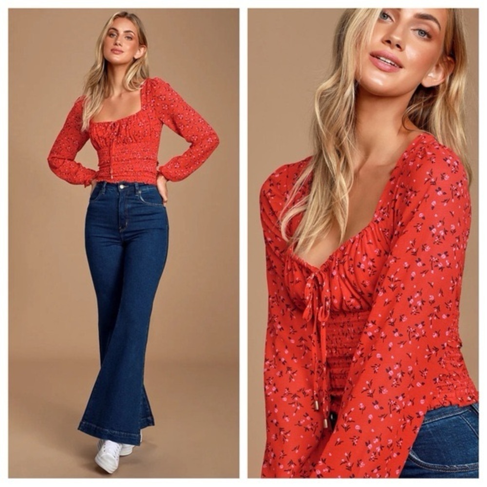 Free People Lolita Top Red Floral Print Ruffled Crop Top Large